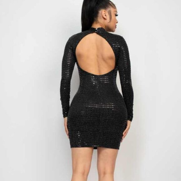Women's Open-Back Sequin Slinky Bodycon Dress - Black - Picture 3 of 4